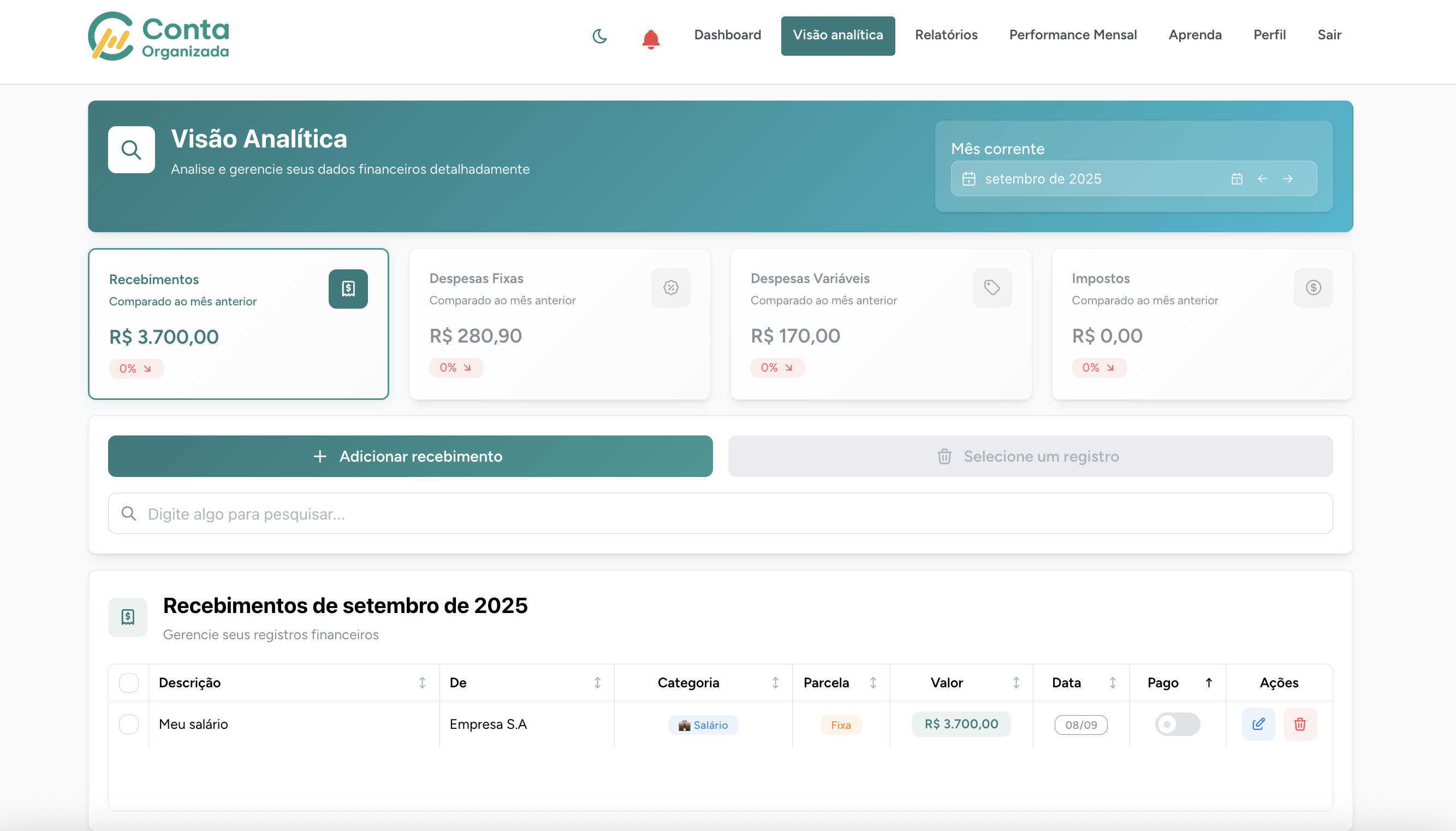 Análise de performance do Conta Organizada